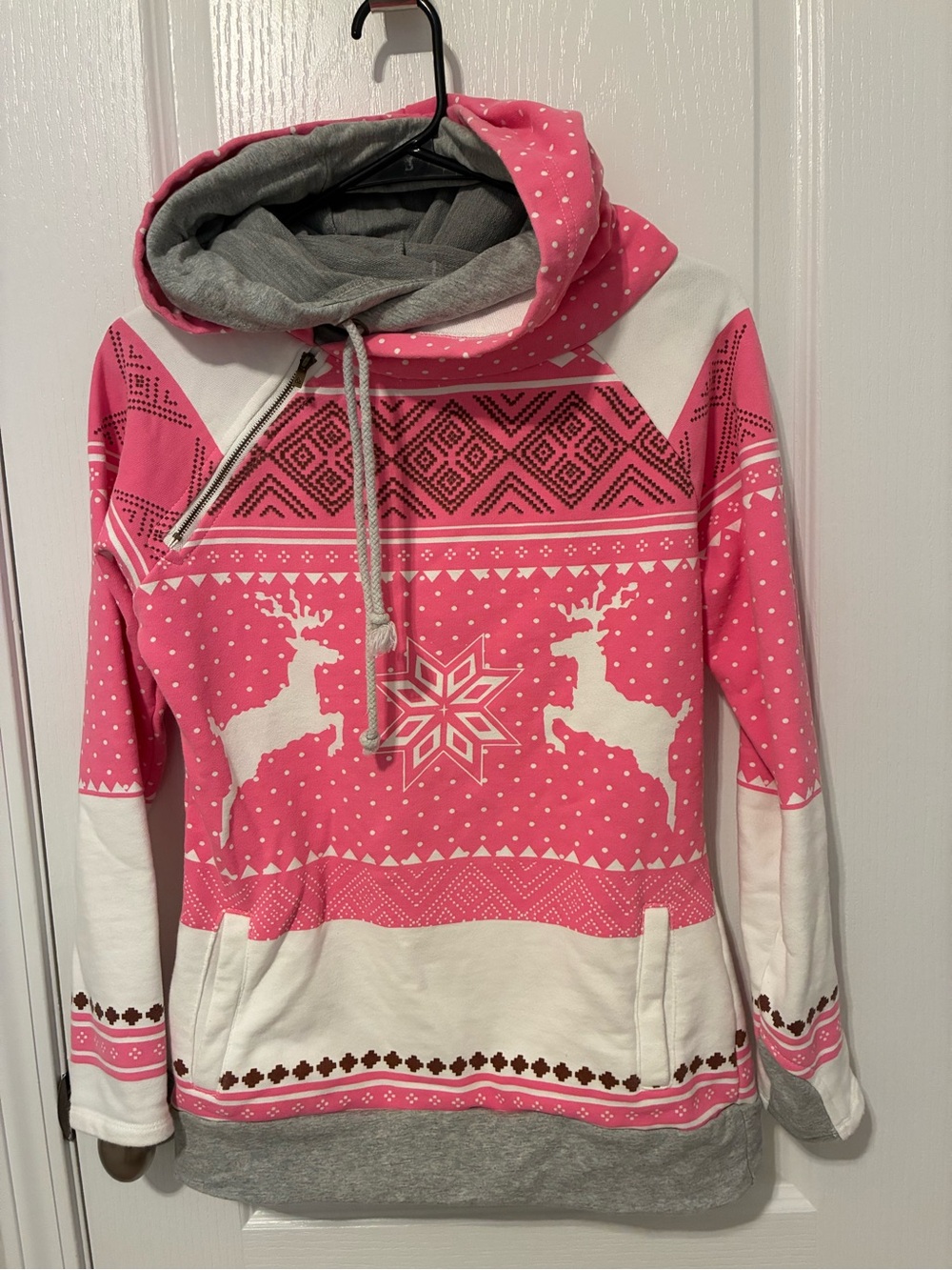 Women's Pink Reindeer Pattern Double Hoodie Sweatshirt